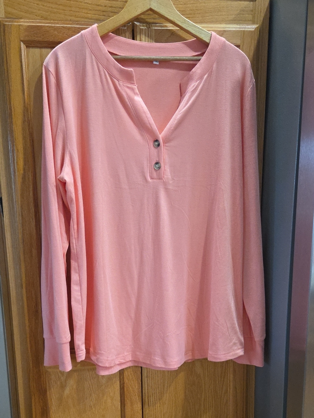 Women's Long-Sleeve Henley Top in Coral Pink